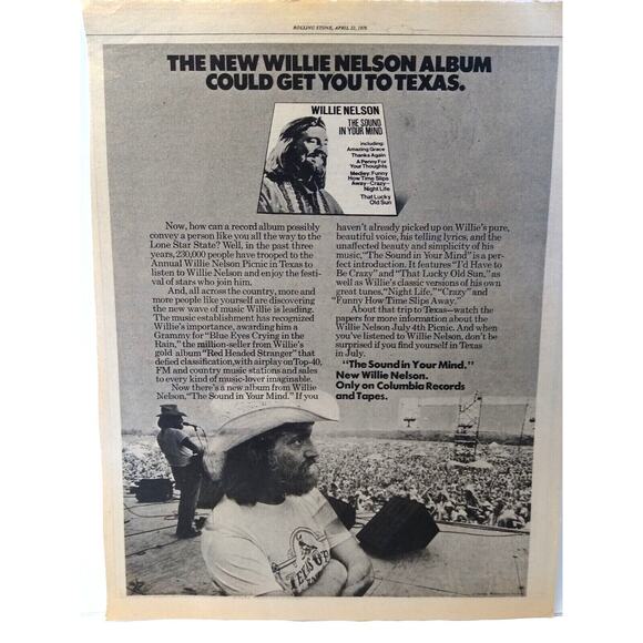 Willie Nelson The Sound In Your Mind Album AD 1976 Vintage Artwork County Music - Picture 1 of 2
